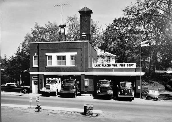 Black and white photo of old Lake Placid firehouse