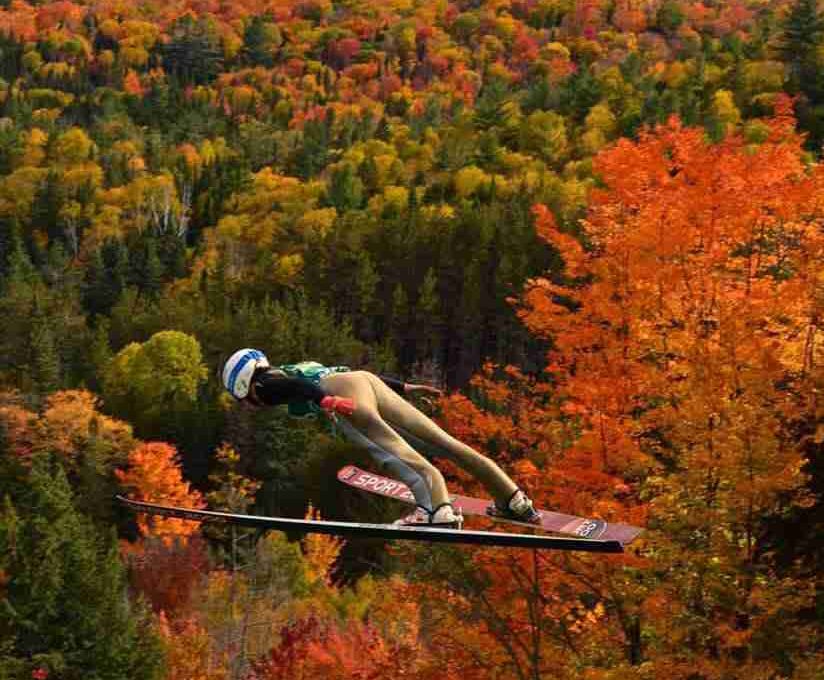 Ski jumper in mid air against autumn leave backdrop