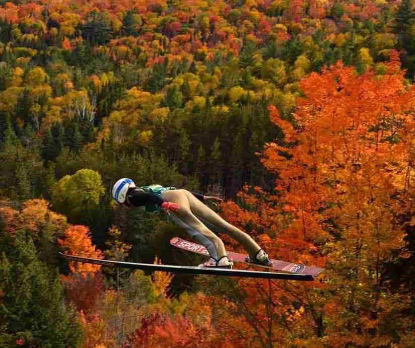 Ski jumper in mid air against autumn leave backdrop