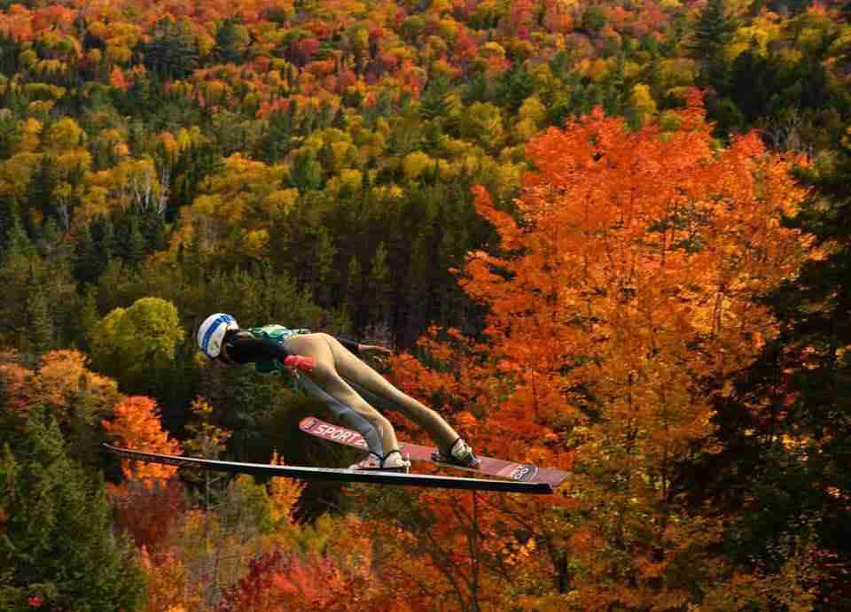 Ski jumper in mid air against autumn leave backdrop