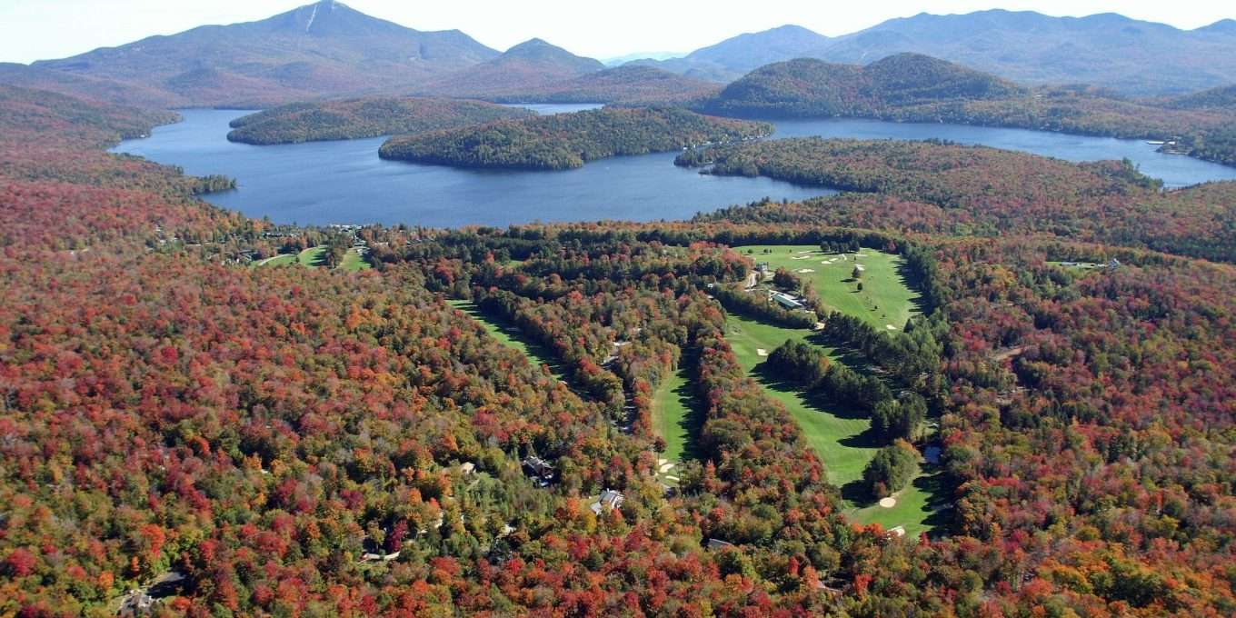 Aerial view of Lake Placid region during fall
