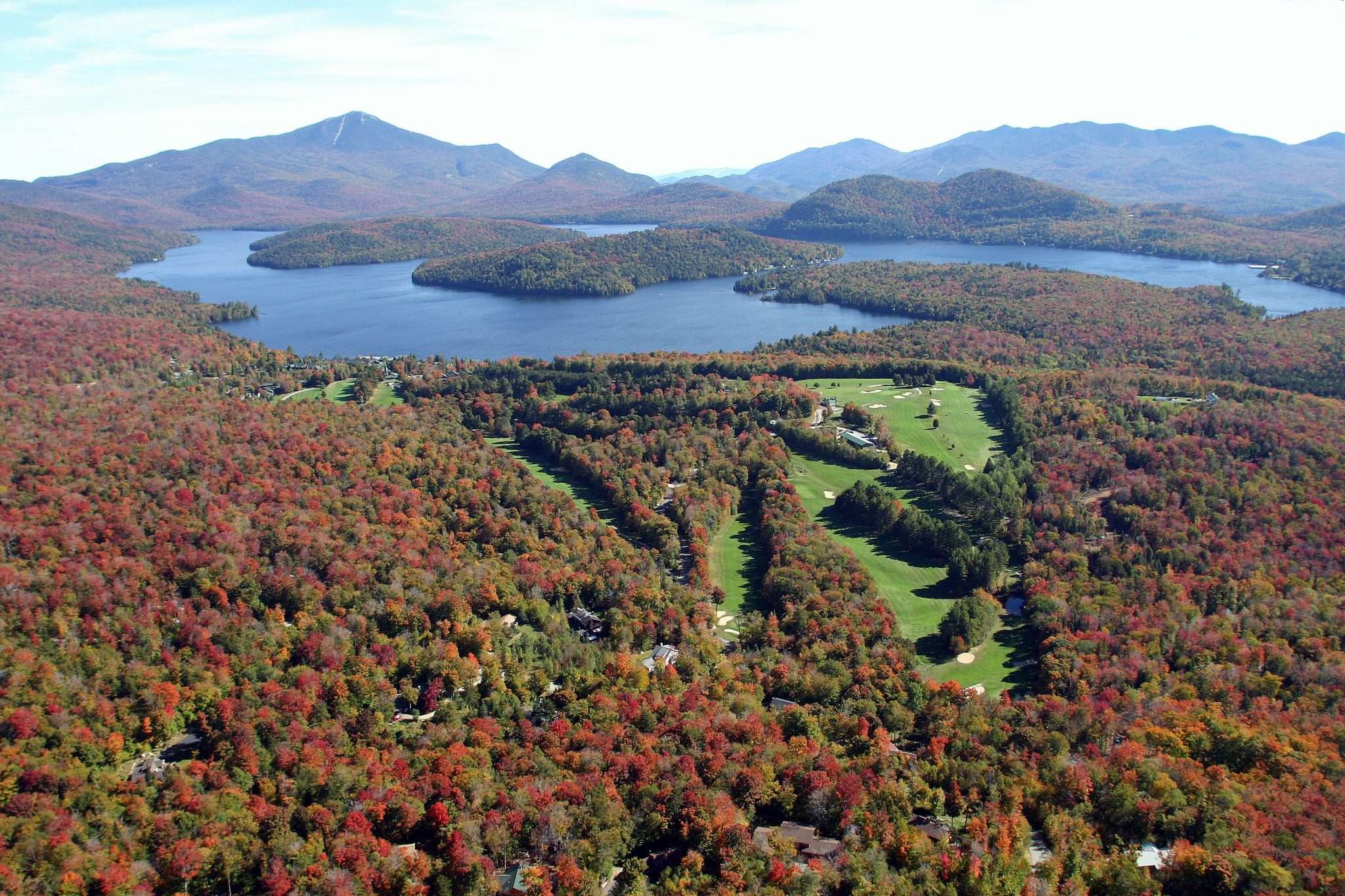 Aerial view of Lake Placid region during fall