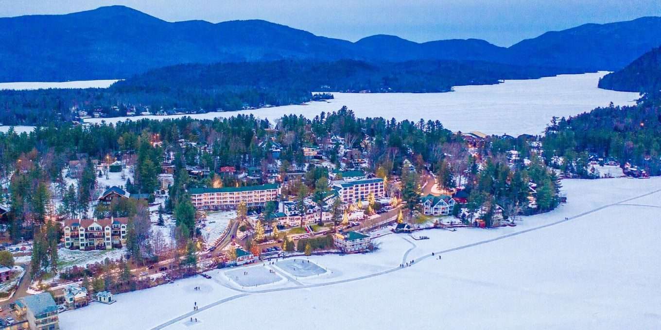 Aerial photo of Lake Placid in winter
