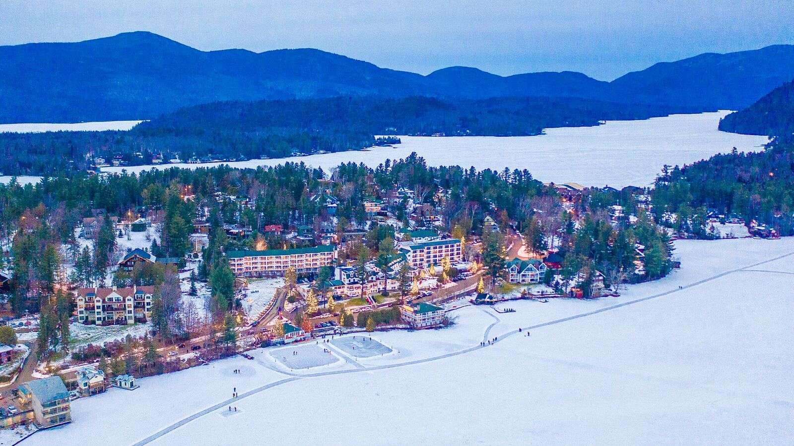 Aerial photo of Lake Placid in winter